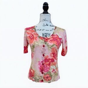 Talbots Beautiful Pink and Green Floral Short-Sleeve Cardigan Sweater